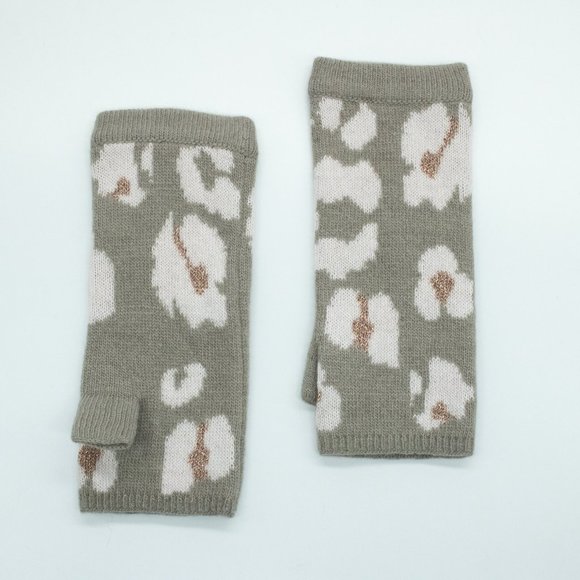 Portolano Cashmere ANIMAL PRINT Fingerless Gloves- Mushroom Grey, White - Picture 2 of 4